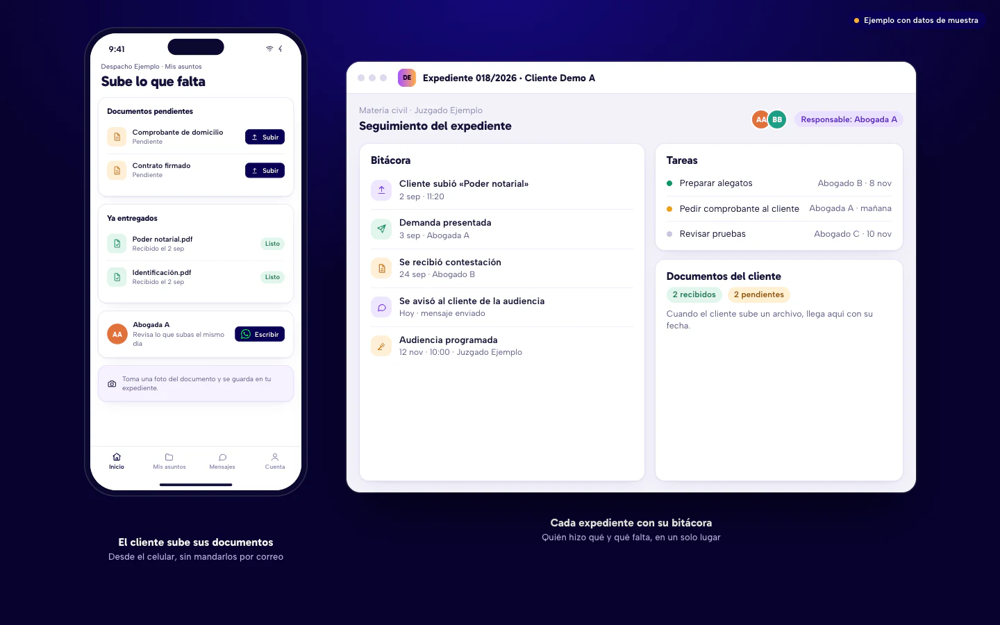 Ejemplo de software para abogados en Culiacán: el cliente sube sus documentos desde el celular y el expediente muestra su bitácora, tareas y documentos recibidos. Datos de muestra.