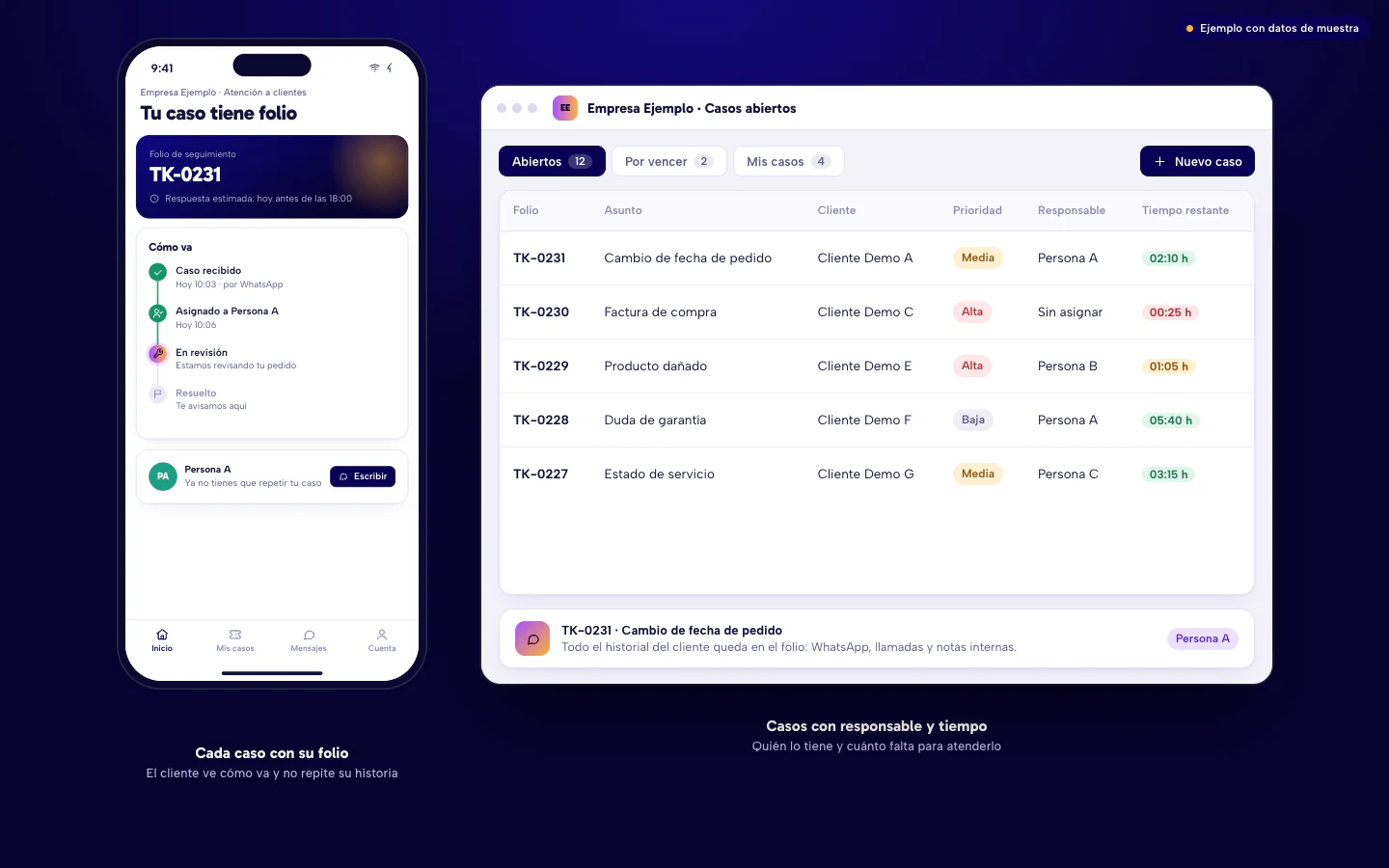 Ejemplo de software para call centers en Culiacán con tickets: el cliente ve el folio y la etapa de su caso y el equipo ve los casos abiertos con responsable y tiempo restante. Datos de muestra.