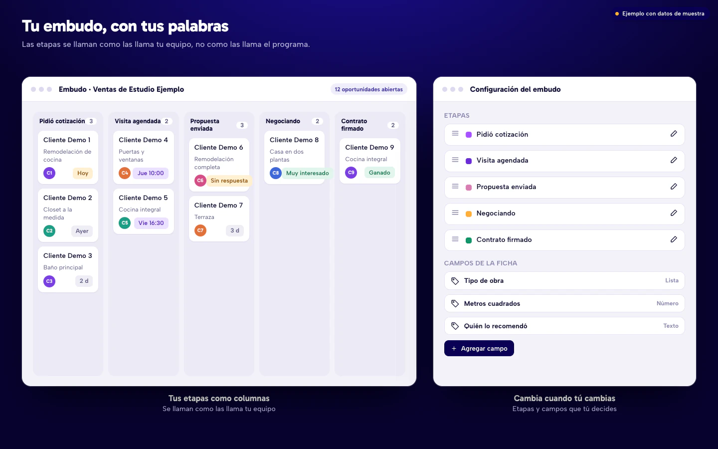 Ejemplo de un embudo de ventas con etapas con nombres propios del negocio y la pantalla para editar etapas y campos de la ficha del cliente. Datos de muestra.