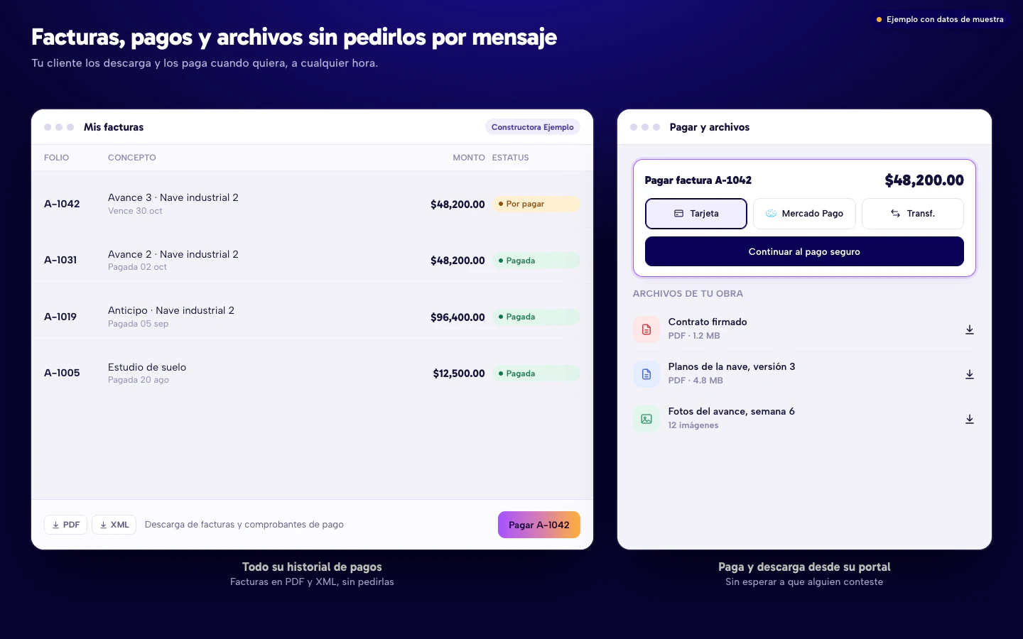 Ejemplo de la sección de facturas de un portal de clientes con folio, monto, estatus y descarga en PDF y XML, junto con el pago en línea y los archivos de la obra. Datos de muestra.