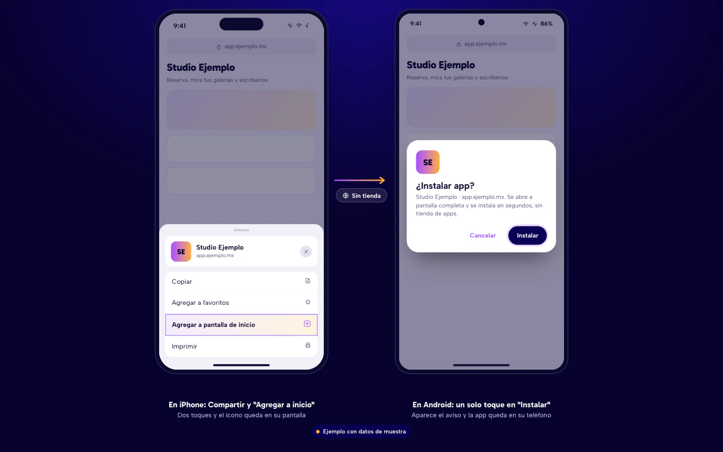 Ejemplo de cómo se instala una app web: en iPhone con Compartir y Agregar a pantalla de inicio, y en Android con el aviso Instalar. Datos de muestra.