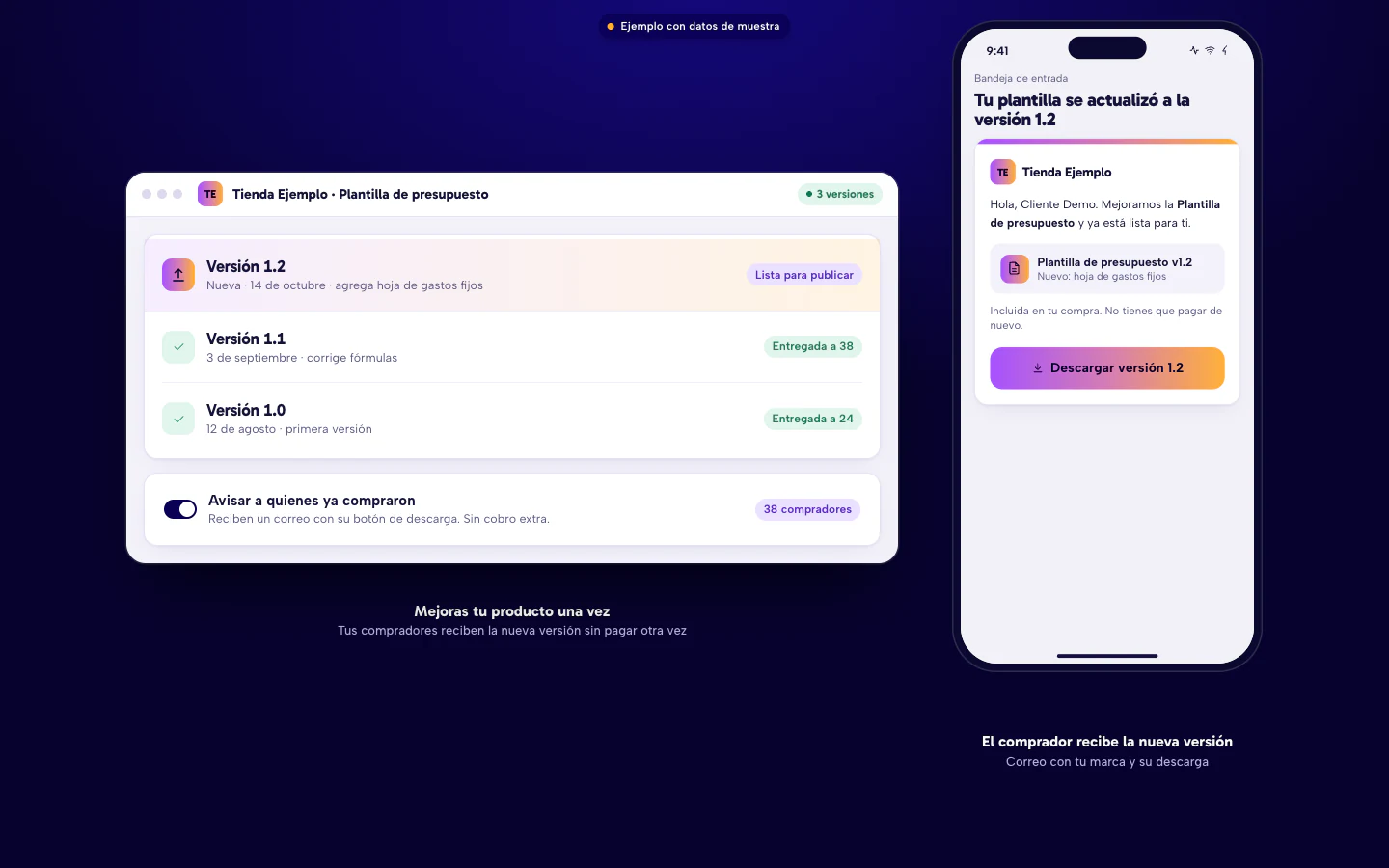 Ejemplo de producto digital con tres versiones, aviso a quienes ya compraron y correo con la nueva descarga sin pagar otra vez. Datos de muestra.
