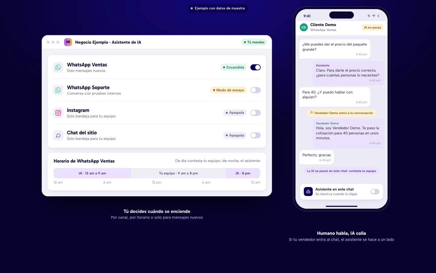Ejemplo de panel para encender el asistente de IA por canal y horario, y de un chat de WhatsApp donde el asistente se pausa cuando entra un vendedor. Datos de muestra.