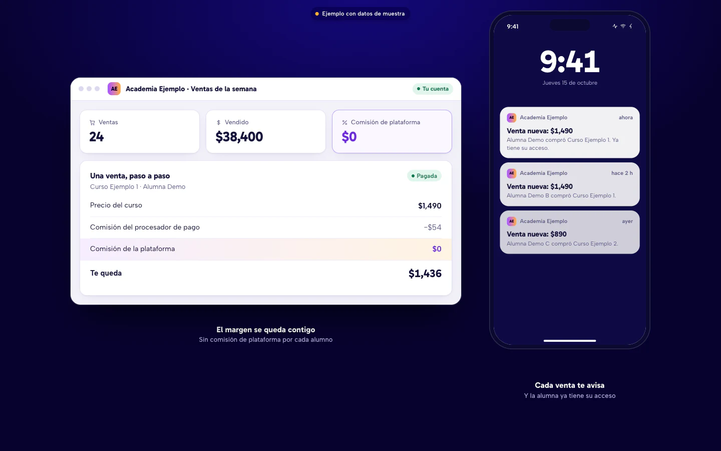 Ejemplo de ventas de una academia propia: desglose de una venta con comisión de plataforma en cero y avisos de venta en el celular. Datos de muestra.