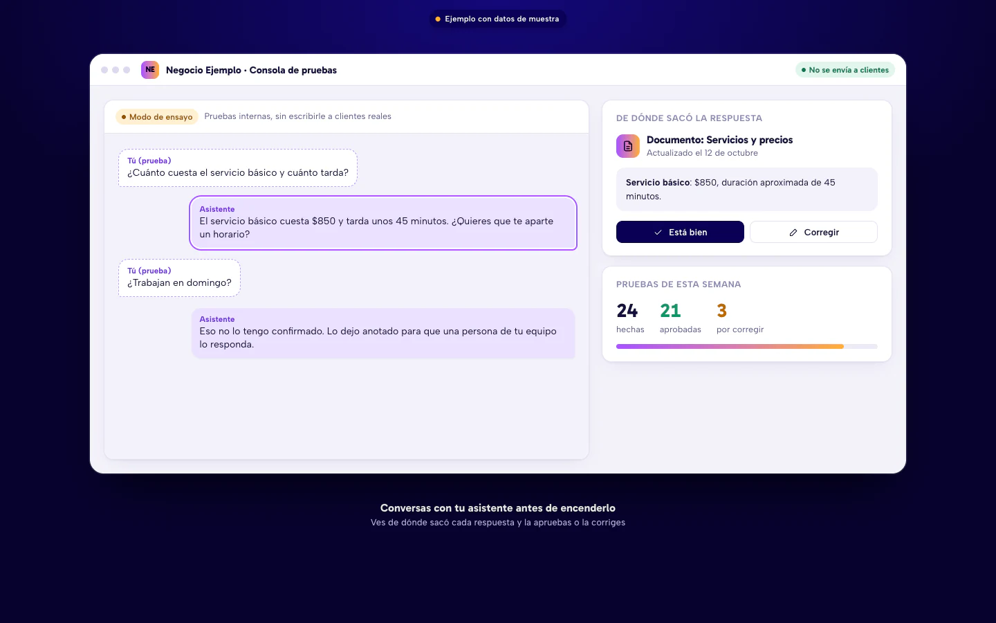 Ejemplo de consola de pruebas del asistente: conversación en modo de ensayo, documento de donde salió cada respuesta y conteo de pruebas aprobadas. Datos de muestra.