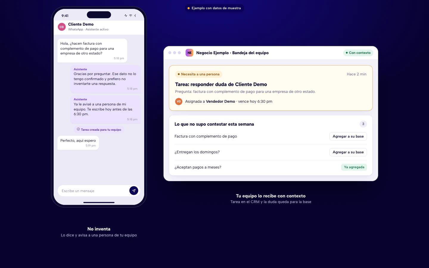 Ejemplo de chat donde el asistente de WhatsApp reconoce que no sabe, avisa a una persona y deja una tarea con contexto para el equipo. Datos de muestra.