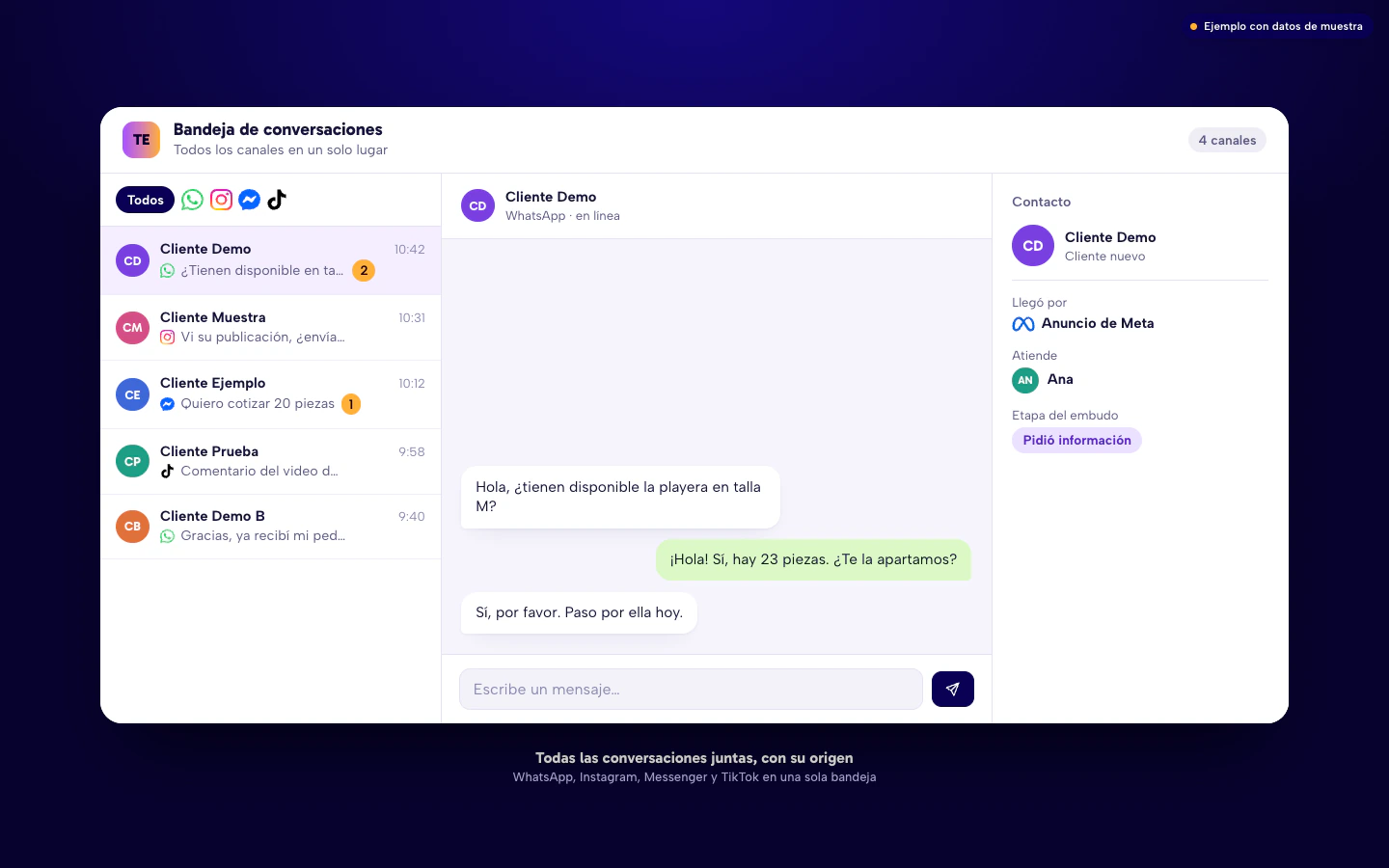 Ejemplo de bandeja con conversaciones de WhatsApp, Instagram, Messenger y TikTok juntas, con el origen del cliente.