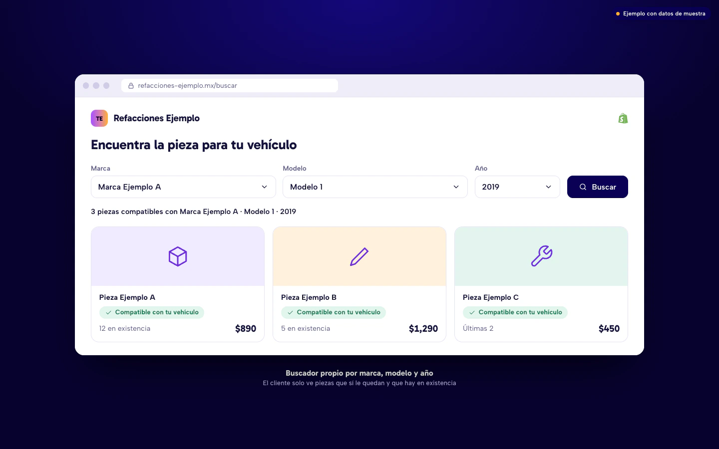 Ejemplo de buscador de una tienda Shopify por marca, modelo y año, con piezas compatibles y existencia.