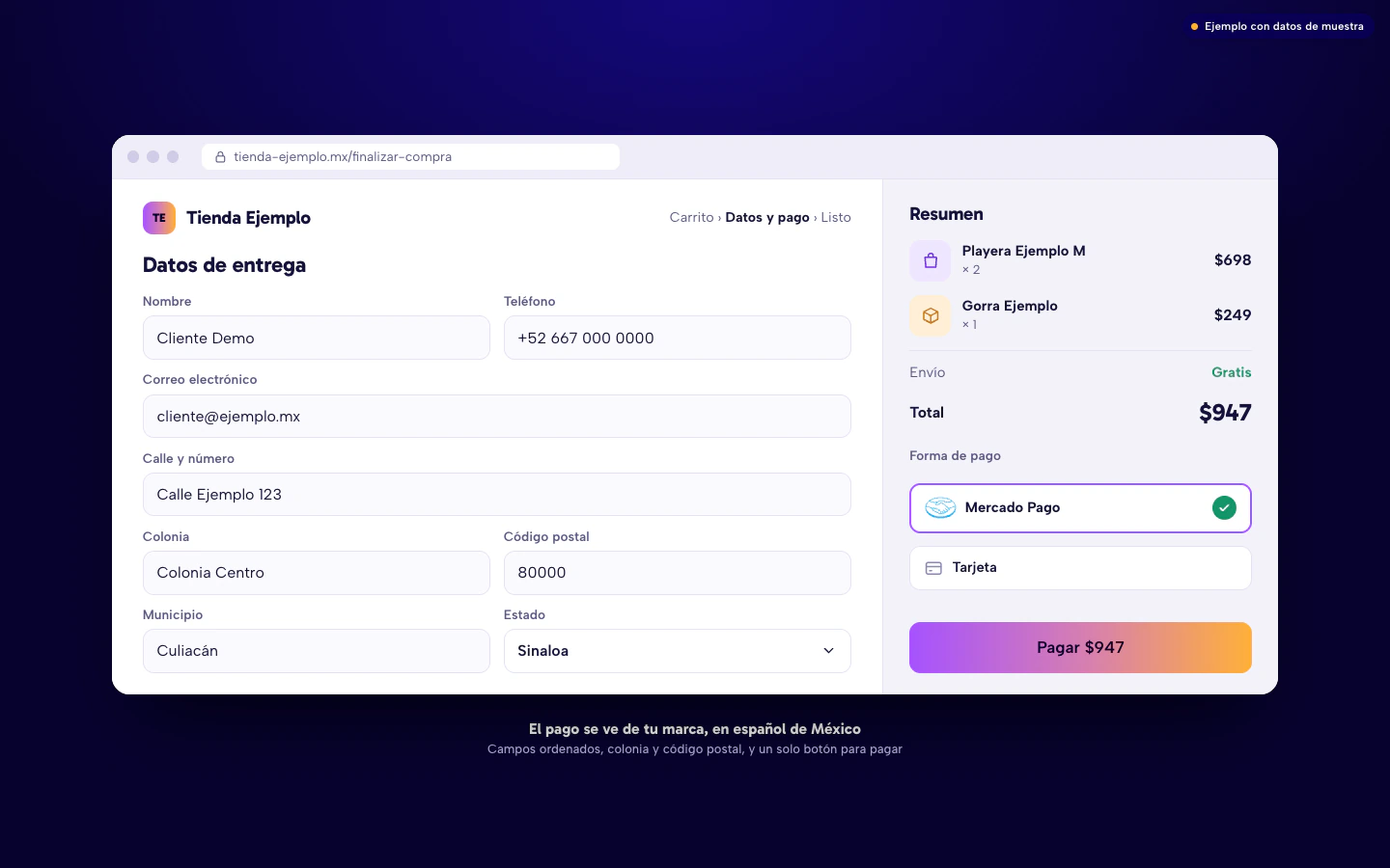 Ejemplo de checkout WooCommerce con la marca de la tienda, campos en español de México y el resumen del pedido.