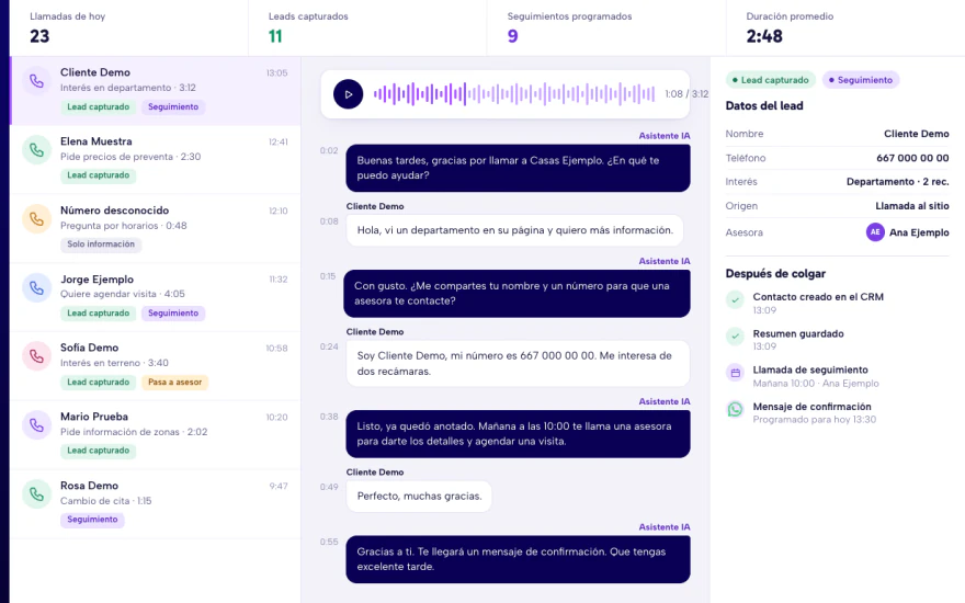 Ejemplo de registro de llamadas atendidas por IA: transcripción de una llamada, lead capturado y seguimiento programado. Datos de muestra.