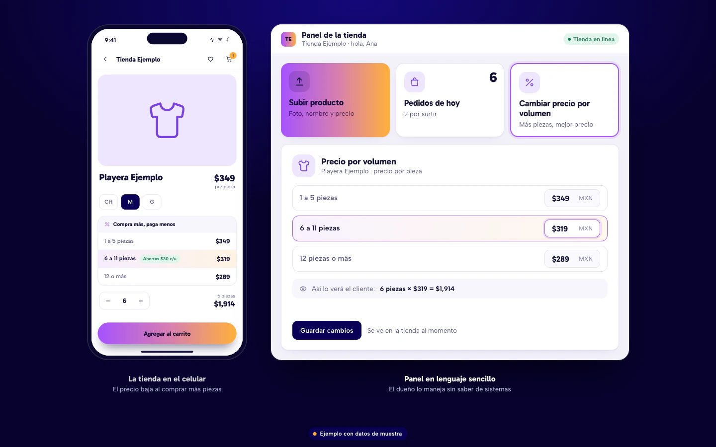 Ejemplo de tienda en línea con panel propio: ficha de producto con precio por volumen en el celular y, en el panel del dueño, Subir producto, Pedidos de hoy y Cambiar precio por volumen. Datos de muestra.