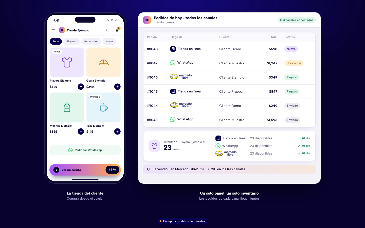 Ejemplo de tienda en línea e integraciones: la tienda en el celular del cliente y un panel con pedidos que llegan de la tienda, de WhatsApp y de Mercado Libre, con el inventario sincronizado. Datos de muestra.