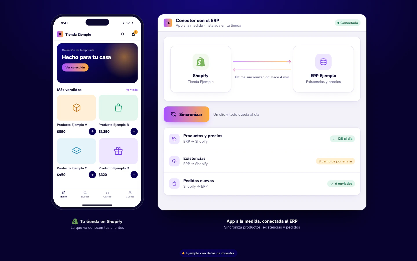 Ejemplo de tienda Shopify con una app a la medida: la tienda en el celular y el panel de la app conectada al ERP con el botón Sincronizar. Datos de muestra.