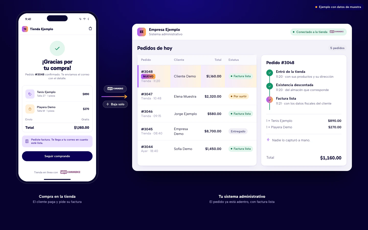 Ejemplo de tienda WooCommerce en el celular, con el pedido confirmado, y el pedido ya dentro del sistema administrativo con el estatus Factura lista. Datos de muestra.